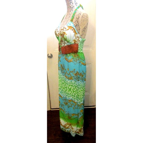 2B Bebe Monique Maxi Dress Belted Halter Top Lined Blue Green NWT Size XS - Picture 4 of 9